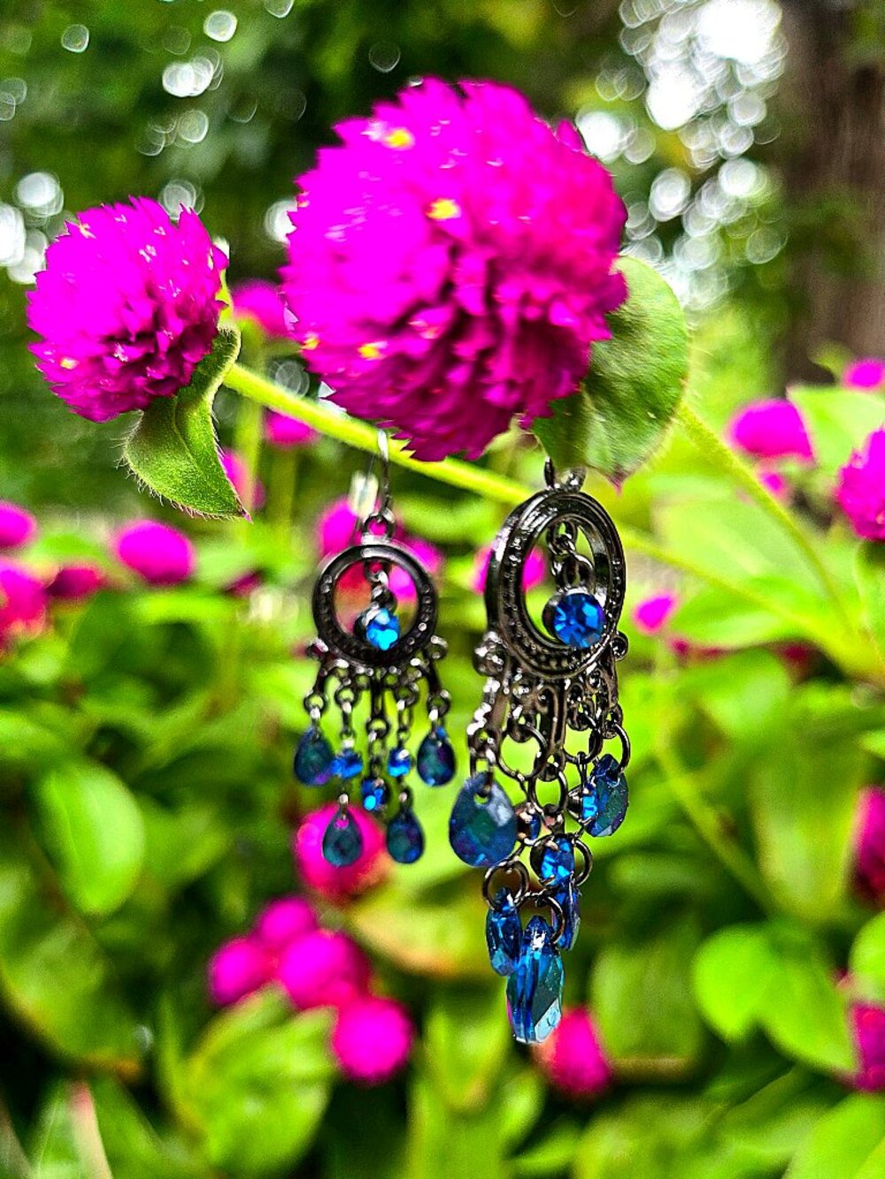 💙 Vintage Gunmetal Sapphire Blue Crystal Chandelier Chandelier Drop Earrings